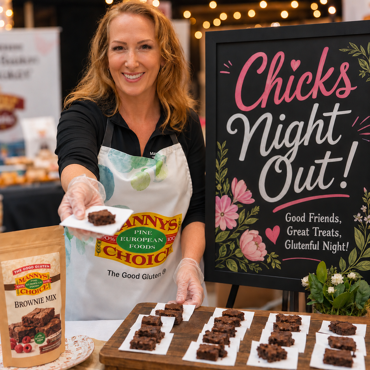 Cindy Anderson, founder of Manny's Choice with Manny's Choice brownies at a tasting booth