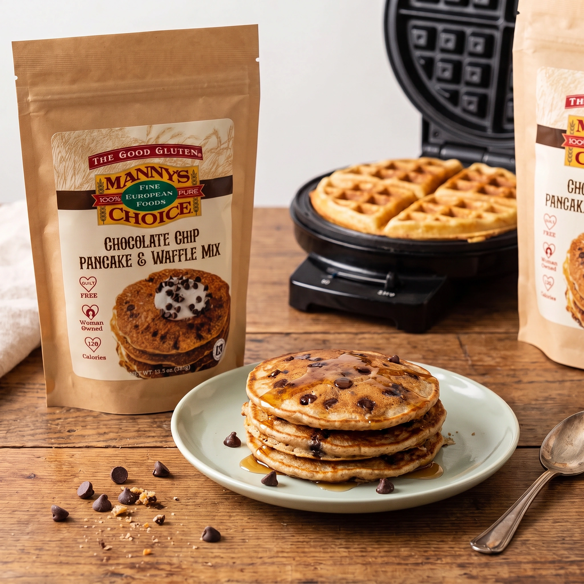 Manny's Choice Chocolate Chip Pancake & Waffle Mix, prepared and served