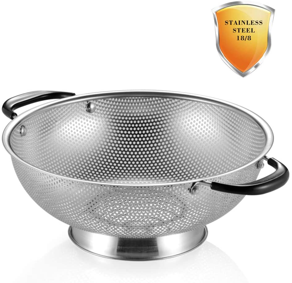 BasicForm Stainless Steel Micro-perforated Colander with Handles and Base 9 Inches Wide 3.6 Inches Deep 
